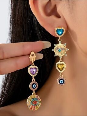 New! Multicolor Heart & Evil Eye Drop Earrings. Lucky Protective Earrings 🧿